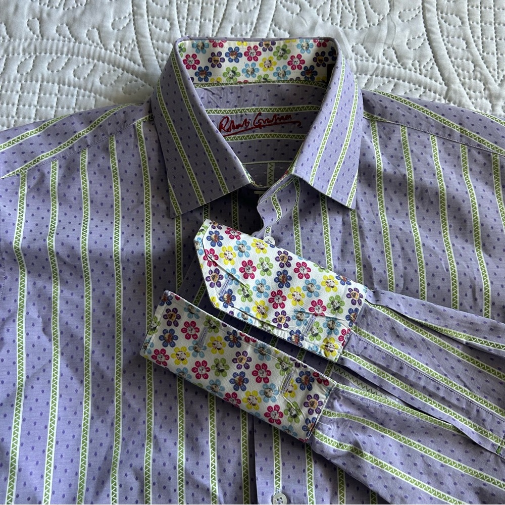 Robert Graham Lavender Striped Shirt with Floral French Cuffs